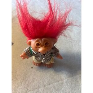 Vintage Dam Troll Doll 1986 Red Hair Hiker with Backpack Checkered Shirt 3 inch